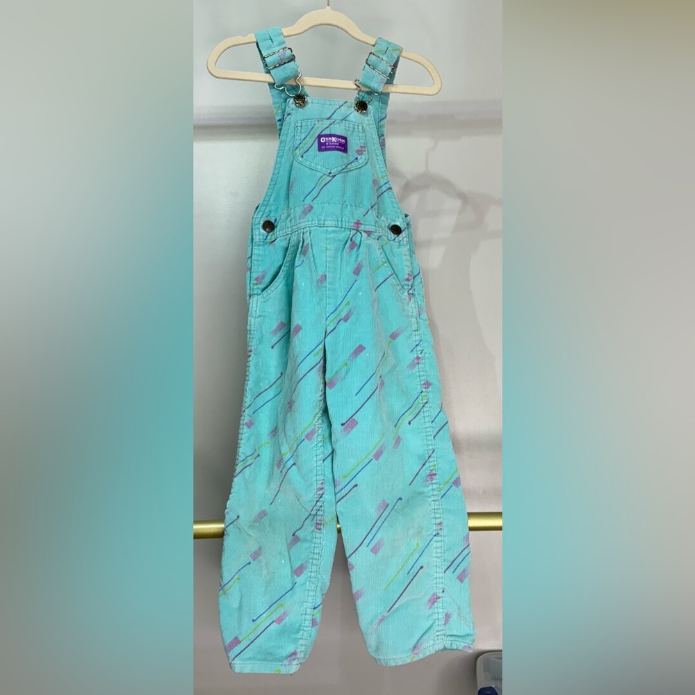 Vintage Vtg blue teal cord Oshkosh overalls size 5 geometric print osh